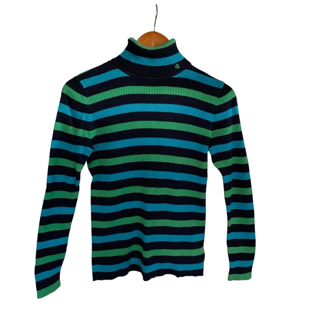 Ralph Lauren Women Small Long-sleeve Ribbed Striped Turtleneck Blue Green Black